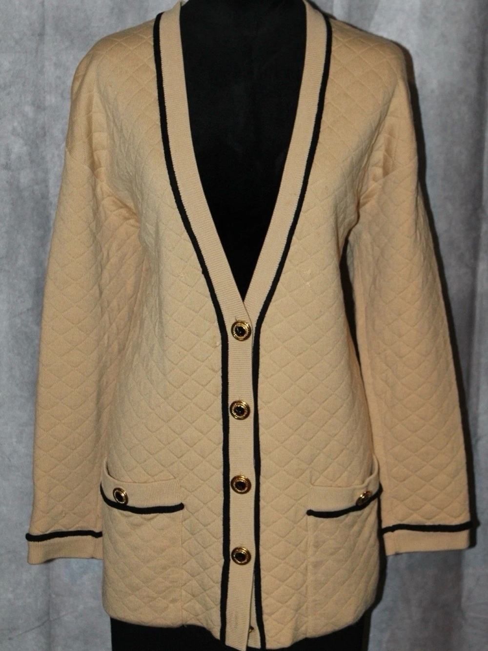 St. John Beige Quilted Cardigan with Black Trim